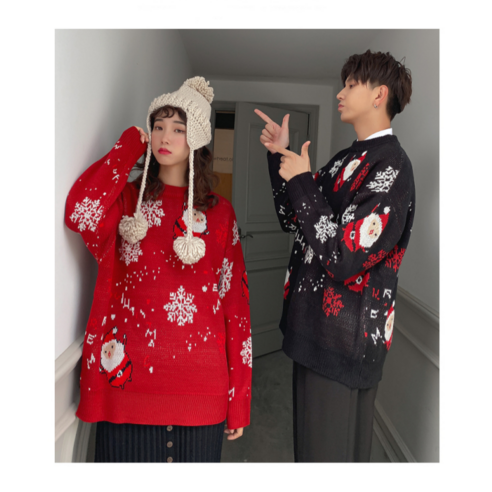 XIXILI 크리스마스 커플 스웨터 느슨한 스웨터 따뜻한 니트 스웨터