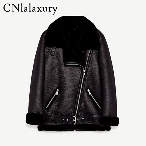 CNlalaxury New 2021 겨울 여성용 양모 코트 streetwear 두꺼운 따뜻한 Pu Faux Lamb Leather Jacket with Belt Oversized