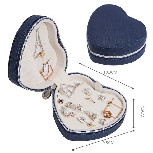 Karvin 아이디어 하트 액세서리 상자 여행 휴대용 귀걸이 액세서리 목걸이 귀걸이 액세서리 수납 보석 액세서리 상자, 파란색 10.3x9.5x4.5cm