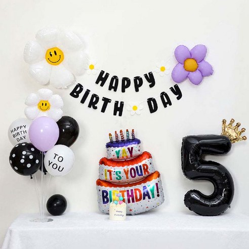 [피앤비유니티] 캐릭터무광데이지 생일케익풍선세트 스탠드형, 10-05)무광데이지생일풍선세트 5 블랙, 1세트