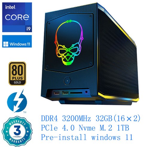 인텔 NUC 11세대 NUC11BTMi7 코어 i7 11700B 프로세서 8코어 16스레드 최대 4.8GHz ITX 섀시 게이밍 컴퓨터, BLACK, RAM32GB+SSD1024GB, NUC11BTMi9