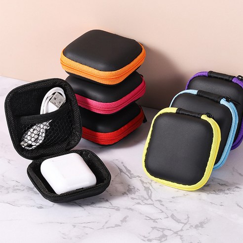 휴대용 이어폰 USB 충전 케이블 보관 케이스 사각 무지 미니 파우치 6컬러, 핑크