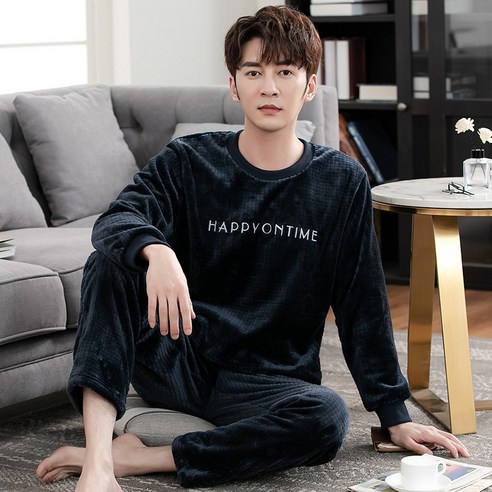 smy잠옷 남성 겨울 두꺼운 양털 안감 산호 양털 겨울 가을 플란넬 따뜻한 레저 홈 세트