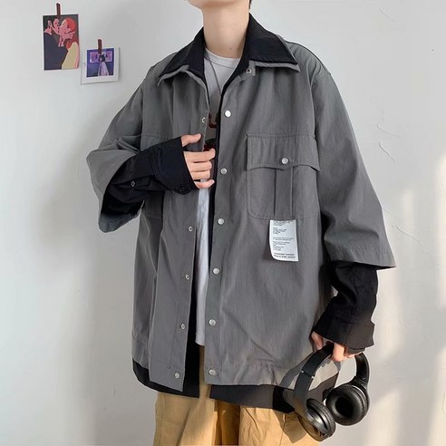 가짜 투피스 코트 남자 봄과 가을 모두 유행 브랜드 일본식 느슨한 한국 스타일 유행 튀김 거리 자켓