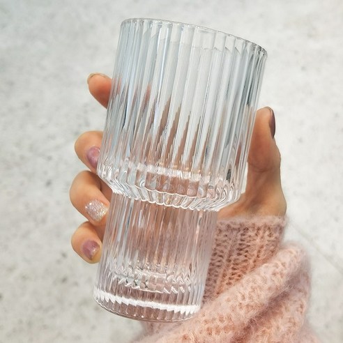 DFMEI 인사이드 스트라이프 글라스 컵 커피잔 우유잔 쥬스컵 아침 음료 아이스 라떼 커피잔, DFMEI 클리어 미디엄 스트라이프 - 195Ml