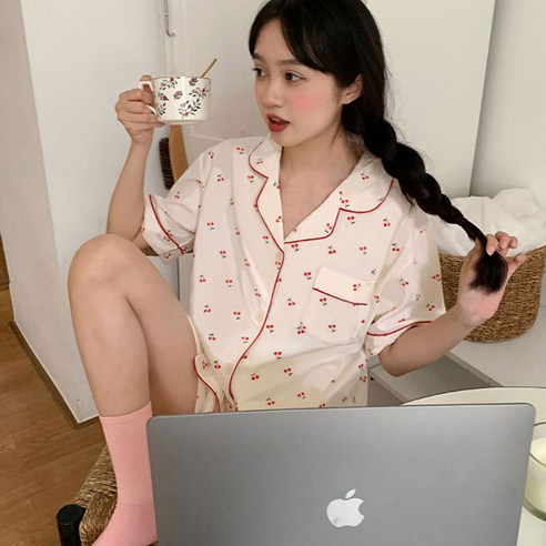 ANYOU 여성 반팔 잠옷 세트 러블리 체리 홈웨어
