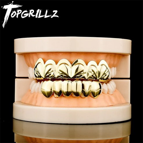 그릴즈 Grillz 치아 악세 이빨 힙합 TOPGRILLZ 골드 컬러 도금 진짜 반짝이는 입 그릴 캡 상단 하단 세트 남녀공용 뱀파이어 신제품