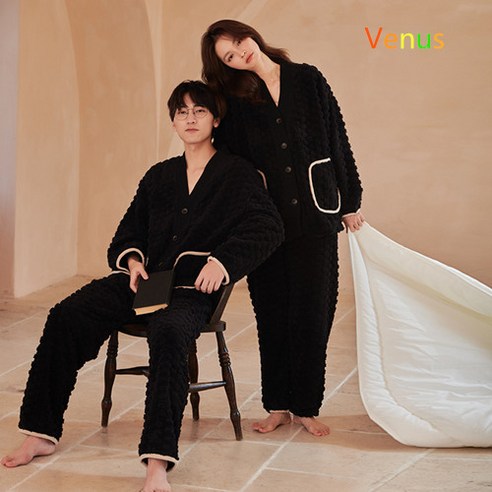 Venus 데일리 극세사 플란넬 단색 블랙계열 수면 커플 잠옷세트