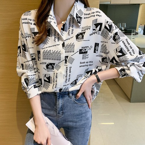 KORELAN 날염 셔츠 여자 복고 홍콩 스타일 상의 여자 디자인 감각 소매 셔츠