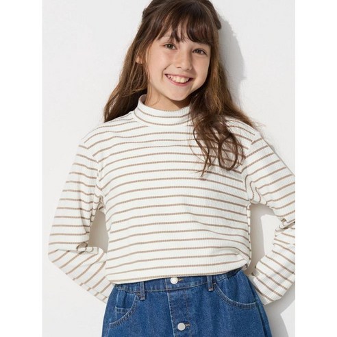 유니클로 키즈 어린이 여아 히트텍 골지 하이넥 티셔츠 긴팔티 줄무늬 화이트 474570
