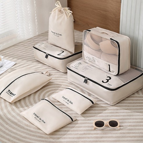 여행의 필수품: 로지 캐리어정리 여행용 파우치 7종 풀세트로 정리된 여행