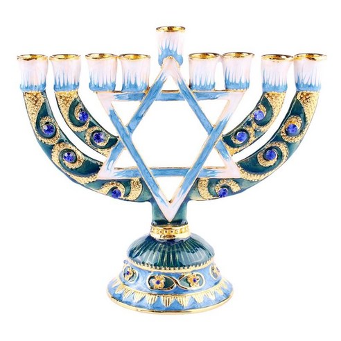 촛대 candelabra 손으로 그린 ​​에나멜 메 노라 Candelabra Showpiece 크리스탈 유대인 캔들 홀더 성지 선물, 다중, ㅏ, 합금