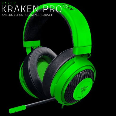 RAZER Kraken Pro V2 스포츠 게이밍 헤드셋 밀폐형 게임용 헤드폰, 그린