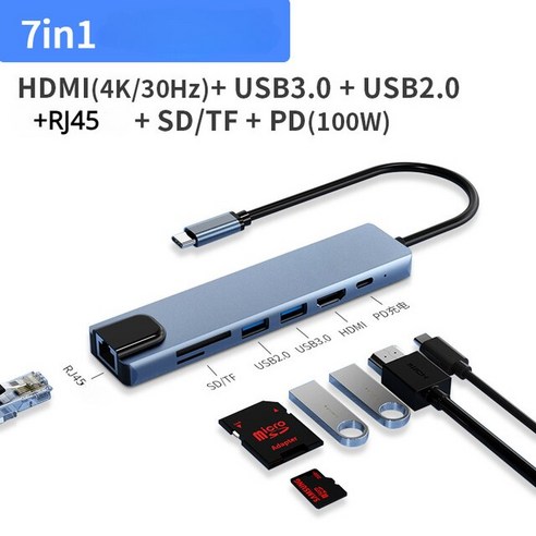 USB C 허브 분배기 HDMI 4K 썬더볼트 3 도킹 스테이션 노트북 어댑터 PD TF 포함 맥북 에어 M1 아이패드, 05 7in1 HDMI PD  RJ45