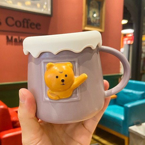 MaoInsd 입체 릴리프 커플 컵 귀여운 곰 토끼 동물 가정용 세라믹 컵 아침 우유 컵, 보라색 컵 흔들며_400Ml