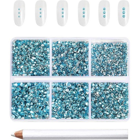 Beadsland(비즈랜드) 네일 아트 공예용 7200PCS 플랫백 라인석 세트 왁스 펜슬 1개 혼합된 6가지 크기 SS3-SS10, 7200개, 아쿠아마린