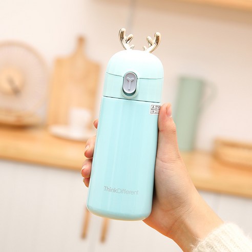 앤틀러 보온병 컵 크리에이티브 잠금 바운스 커버 남녀 컵, 청색, 270ML