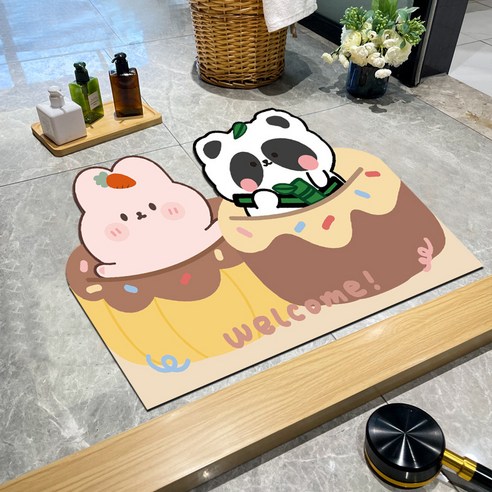 사치 규조 진흙 깔개 만화 욕실 흡수속 건조 미끄럼 방지 깔개 화장실 발판 입구, 케이크(분토끼+곰)