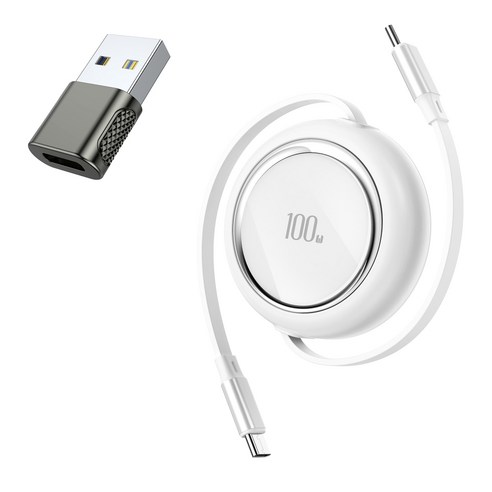 이디 릴케이블 차량용 충전케이블 CtoC 고속충전 100W USB젠더 포함, 화이트 100W C to C + USB젠더, 1개, 1m