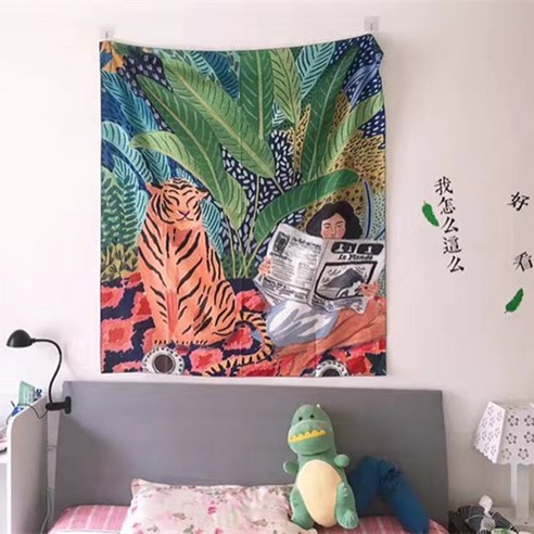 DIRUN 배경 패브릭 침실 배경 벽 손그림 ins 조류 배경 천 걸개 침대 머리 그물 빨간 방 배치 벽걸이 담요 기숙사 임대 주택 개조 벽보 그림, 신문을 읽는 소녀가 가방을 보내다