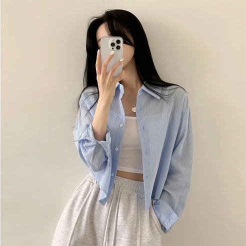 쪼예 요루원단 잔줄지 여리 세미크롭 긴팔 셔츠
