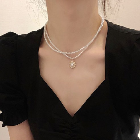 여성 클래식 팬던트 진주 두줄 레이어드 목걸이 A702