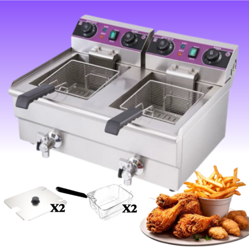 FryMax 튼튼한 업소용 전기 튀김기 탁상용 1구 2구 자동 치킨 튀김기, 프리미엄 오일밸브, 13L+13L