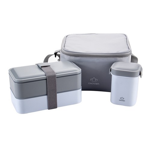 [LM] Bento box set 수프 머그잔이있는 일본식 도시락 상자 이중 밀봉 절연 휴대용 식품 저장 용기 Microwavable, Gray set