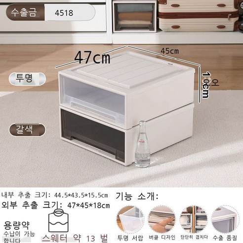 옷 수납함 플라스틱 서랍식 수납함 투명 데스크톱 거실 옷장 보관함 수납장 정리함, 투명한 모양, [4518] 깊이 47* 너비 45* 높이 18cm