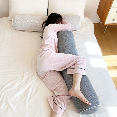 리브숨 삼중직 바디필로우 롱쿠션 긴베개 원형 누빔 커버+솜 세트, 블루