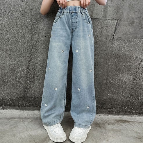여아용 자수 하트 청바지 와이드 데님 팬츠 초등학생 주니어의류 아동복 1566