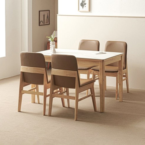 라로퍼니처 루아 1200 포세린 통 세라믹 4인 고무나무 원목 식탁 세트, 유광 화이트 상판+...