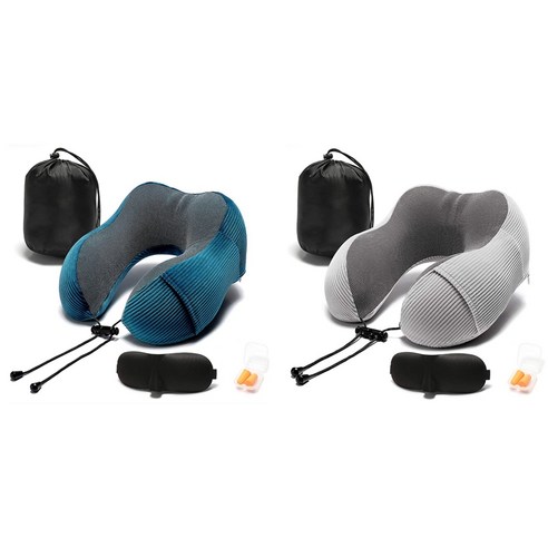 2 세트 여행 베개 메모리 폼 360도 머리 지원 목 베개가있는 저장 가방 여행 베개 회색 및 파랑, 하나, 회색 & 블루