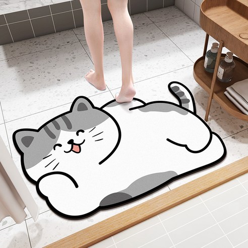 DFMEI만화 욕실 물 흡수 바닥 매트 규조토 진흙 소프트 화장실 문 매트 가정용 화장실 비 슬립 빠른 건조 카펫, 사이드 거짓말 고양이 [스웨이드], 40*60Cm