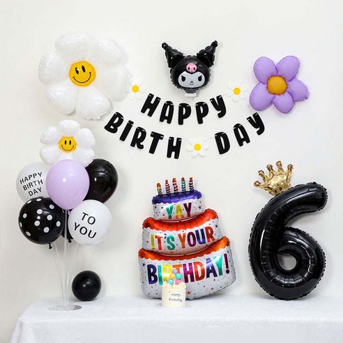 [피앤비유니티] 캐릭터무광데이지 생일케익풍선세트 스탠드형, 35-06)쿠로미 블랙무광데이지생일풍선세트6, 1세트
