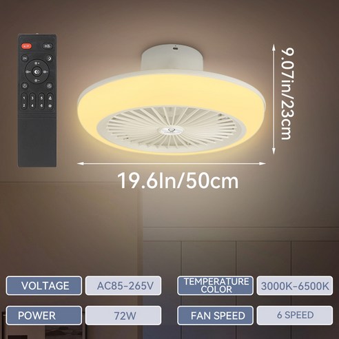 천장실링팬 스마트 LED 천장 선풍기 램프 무소음 리모컨 천장 선풍기 조명 조도 조절 실내 조명 침실 홈 데코 72W 110-265V, [01] 72W Big Size, [01] 85-265V, 01 85-265V