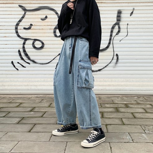 미국 스타일 바이브 바지 남자 패션 브랜드 스트리트 드레이핑 청바지 특대 일본식 레트로 넓은 다리 특대