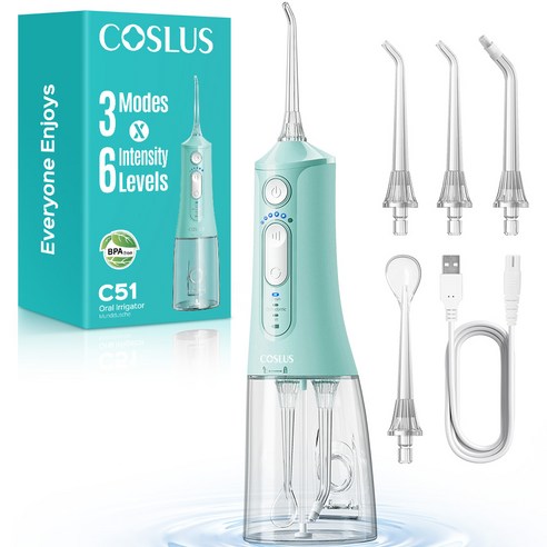 COSLUS 코슬루스 6단 수압+3종 모드 휴대용 구강세정기 IPX7 급방수+4개 노즐팁