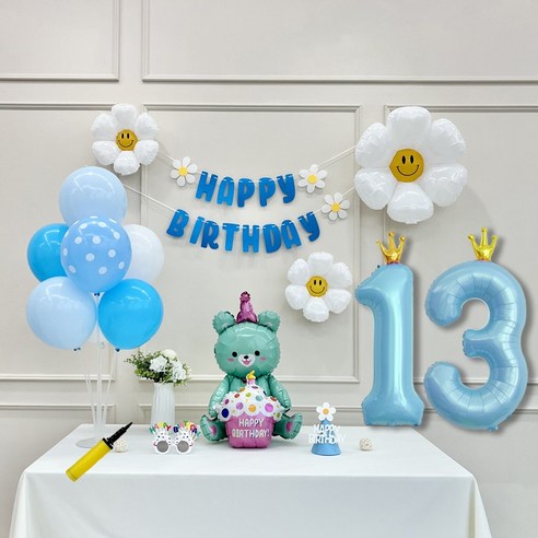 연지마켓 데이지 곰돌이 생일 파티 숫자 풍선 가랜드 세트, 13, 1세트, 베어 블루 13