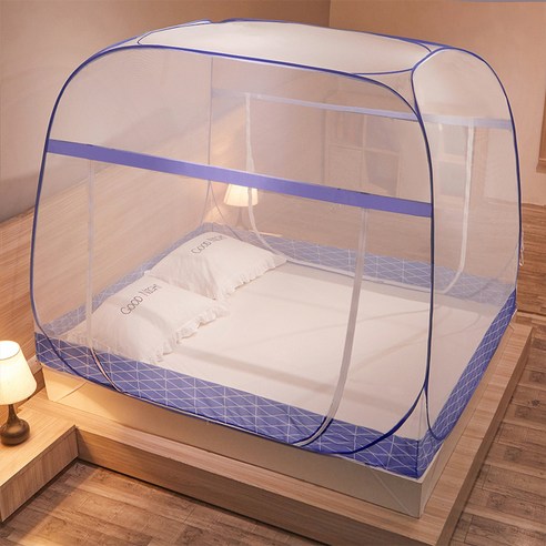 YAPOGI 가정용 모기장 설치-무료 접이식 텐트, 100*200, 스퀘어 탑 격자 블루 더블 도어