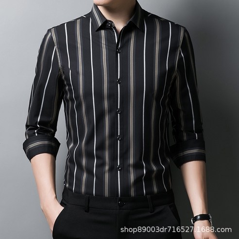 KORELAN 897-2203 봄 중년 남성 긴팔 셔츠 캐주얼 스트라이프 얇은 슬림 트렌드 셔츠 남성복
