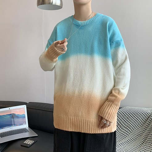 가을 겨울 게으른 스타일 스웨터 남성 트렌디 컬러 일치하는 스웨터 느슨한 라운드 넥 겉옷 모든 경기 캐주얼 스웨터