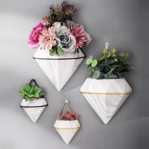 대리석 무늬 벽걸이 화분 펀치 면제 창의 매달리기 모방 식물 건화분 도자기 수배화기, 다이아몬드 골드 프레임