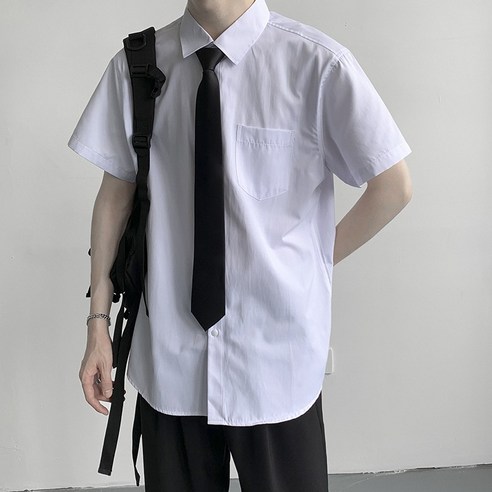 DFMEI 여름 단색 얇은 반팔 셔츠 남성용 트렌디 러피언 잘 생긴 인 홍콩 스타일 캐주얼 클래스 유니폼 넥타이 셔츠