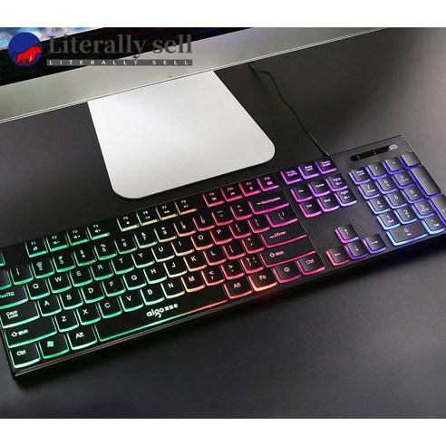 Literally sell 게이밍키보드 무소음키보드 초박형 멋진 백라이트 키보드 및 마우스 세트 사무용 키보드 레트로키보드 무소음마우스, 혼합색 키보드