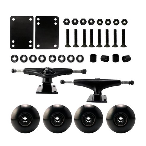 스케이트보드 패키지 52mm 휠 + 구성 요소가 있는 5인치 트럭 올드 스쿨 패턴과 뉴 스쿨 패턴 모두에 적합, 금속, 검은 바퀴