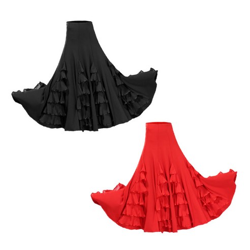 2 pcs 플라멩코 볼룸 왈츠 댄스 빅 스윙 신축성있는 허리띠 롱 드레스, 설명, 폴리 에스터, 블랙 레드