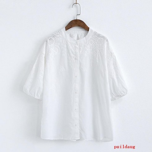 달콤한 자수 흰 셔츠 여름 기질 둥근 목 짧은 소매 셔츠 여성