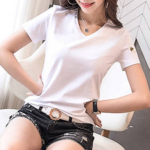 100168C 브이넥 면혼방 반팔 여성 티셔츠