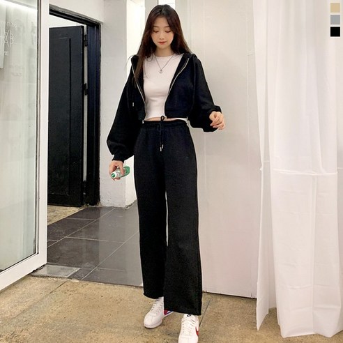 티데일리 트위니 크롭 후드집업 와이드 롱 밴딩팬츠 트레이닝 세트
